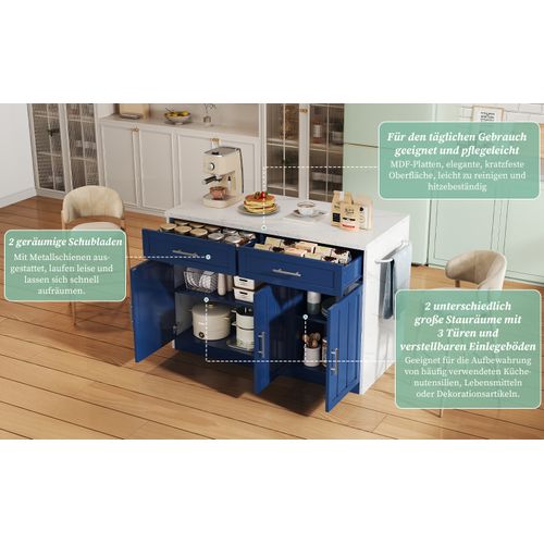 Île De Cuisine Compacte 120x60x91 Cm Avec Bar, Prises Et USB Intégrés, Bleu