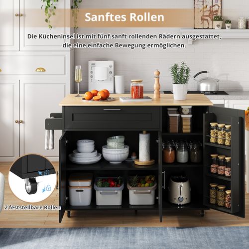 Desserte Mobile Noire 132,5 Cm Avec Plan Rabattable, Rangements Modulables Et Roulettes