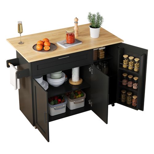 Desserte Mobile Noire 132,5 Cm Avec Plan Rabattable, Rangements Modulables Et Roulettes