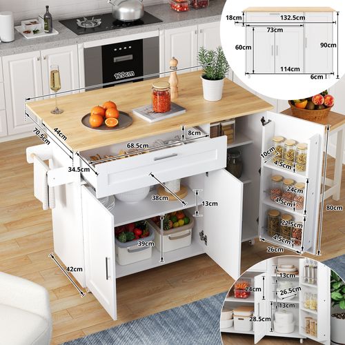 Desserte Mobile Blance 132,5 Cm Avec Plan Rabattable, Rangements Modulables Et Roulettes