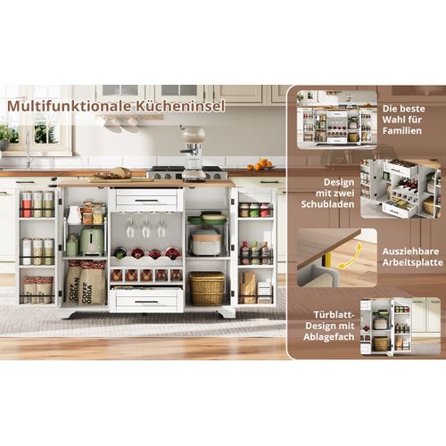 Îlot De Cuisine Mobile Blanc 138 Cm Avec Plan Rabattable, Rangements Et Support à Vin