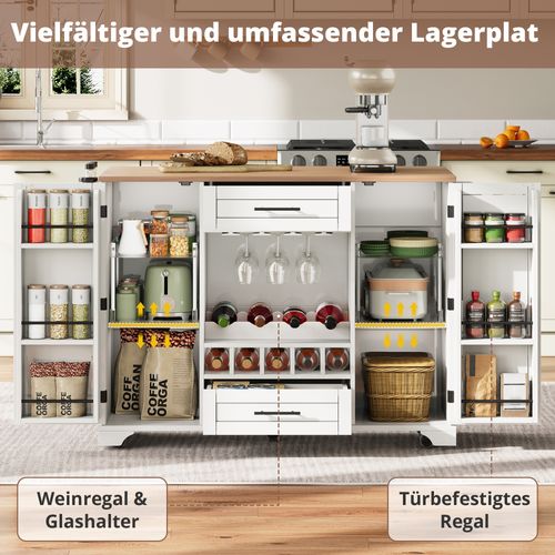 Îlot De Cuisine Mobile Blanc 138 Cm Avec Plan Rabattable, Rangements Et Support à Vin