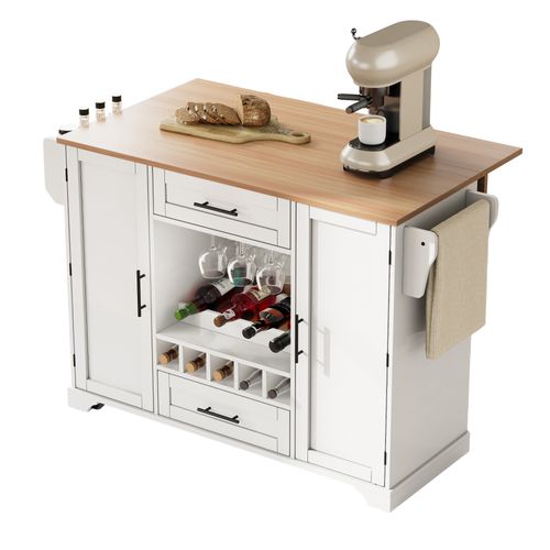 Îlot De Cuisine Mobile Blanc 138 Cm Avec Plan Rabattable, Rangements Et Support à Vin