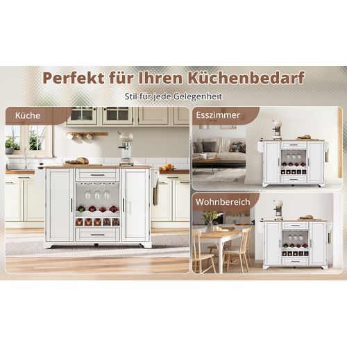 Îlot De Cuisine Mobile Blanc 138 Cm Avec Plan Rabattable, Rangements Et Support à Vin