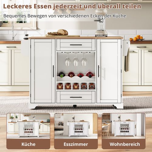 Îlot De Cuisine Mobile Blanc 138 Cm Avec Plan Rabattable, Rangements Et Support à Vin