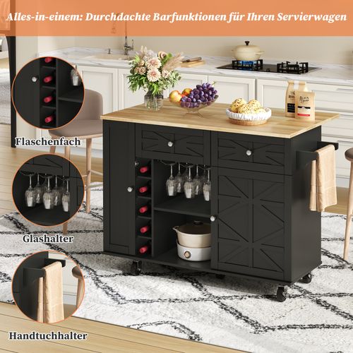 Îlot De Cuisine Noir 120 Cm Avec Plan Rabattable, Rangement Et Support à Vin