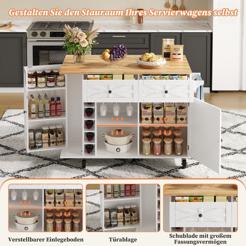 Îlot De Cuisine Blanc 120 Cm Avec Plan Rabattable, Rangement Et Support à Vin