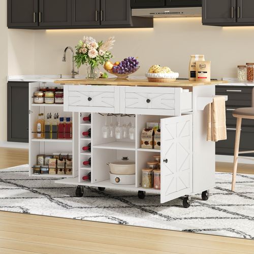 Îlot De Cuisine Blanc 120 Cm Avec Plan Rabattable, Rangement Et Support à Vin