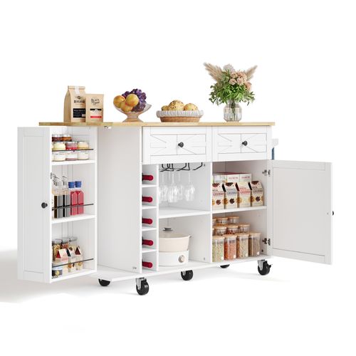 Îlot De Cuisine Blanc 120 Cm Avec Plan Rabattable, Rangement Et Support à Vin