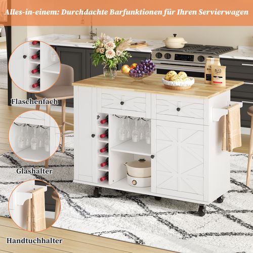 Îlot De Cuisine Blanc 120 Cm Avec Plan Rabattable, Rangement Et Support à Vin