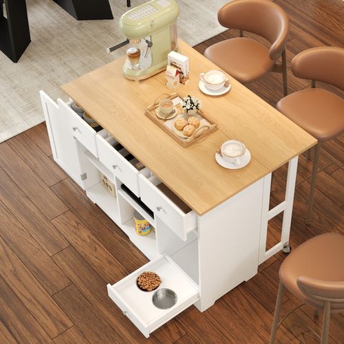 Îlot De Cuisine Blanc 120 Cm Avec Tiroir Et Espace Repas Pour Animaux