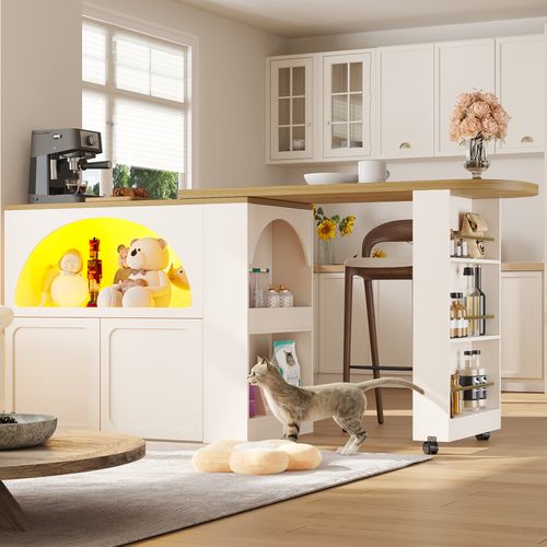 Table De Bar Mobile Extensible 135-205cm Avec LED Et Rangement, Blanc