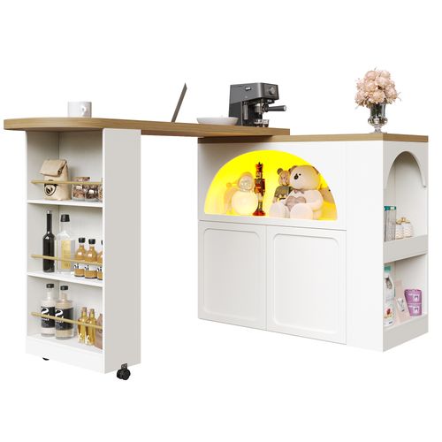 Table De Bar Mobile Extensible 135-205cm Avec LED Et Rangement, Blanc