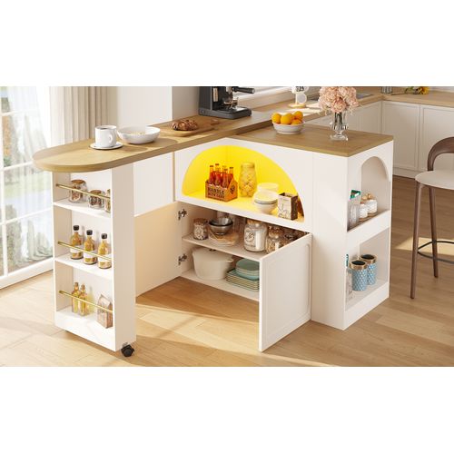 Table De Bar Mobile Extensible 135-205cm Avec LED Et Rangement, Blanc