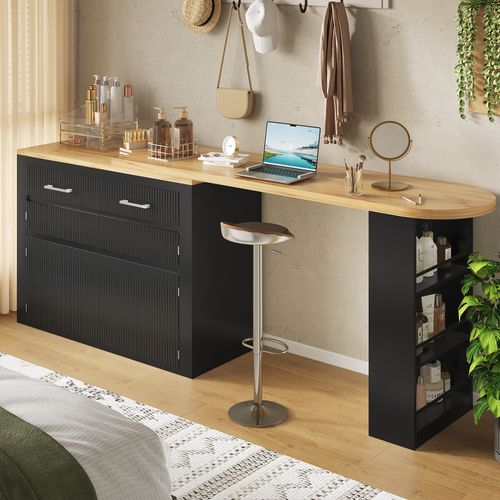 Table De Bar Mobile Extensible 137-215cm Avec Tiroir, Étagères Et Rangement, Noir