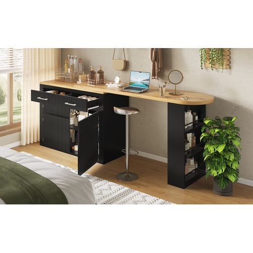 Table De Bar Mobile Extensible 137-215cm Avec Tiroir, Étagères Et Rangement, Noir