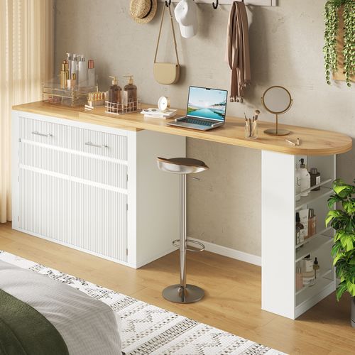 Table De Bar Mobile Extensible 137-215cm Avec Tiroir, Étagères Et Rangement, Blanc