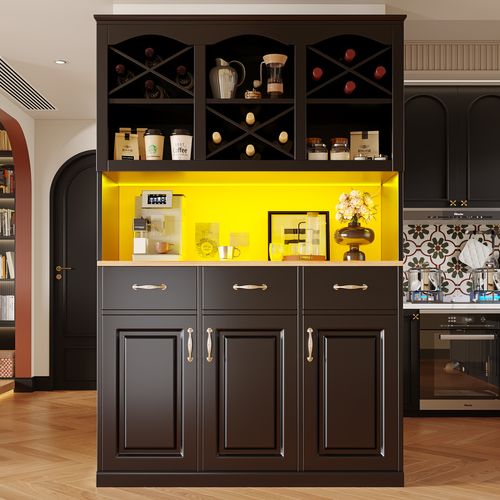 Buffet Haut 120x40x180cm Avec LED, 3 Portes Et 3 Tiroirs, Noir