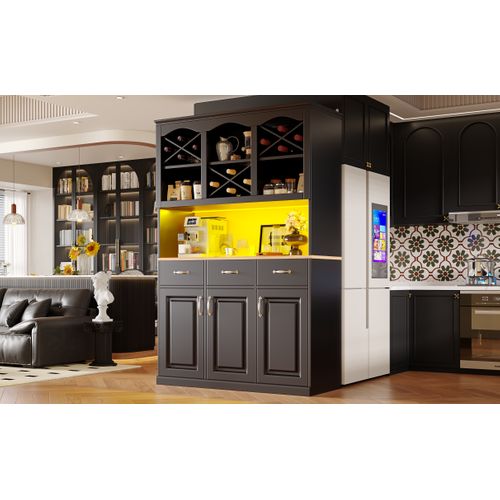 Buffet Haut 120x40x180cm Avec LED, 3 Portes Et 3 Tiroirs, Noir