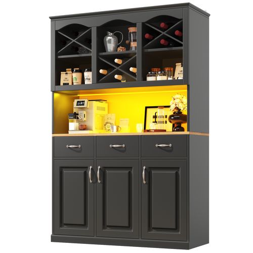 Buffet Haut 120x40x180cm Avec LED, 3 Portes Et 3 Tiroirs, Noir