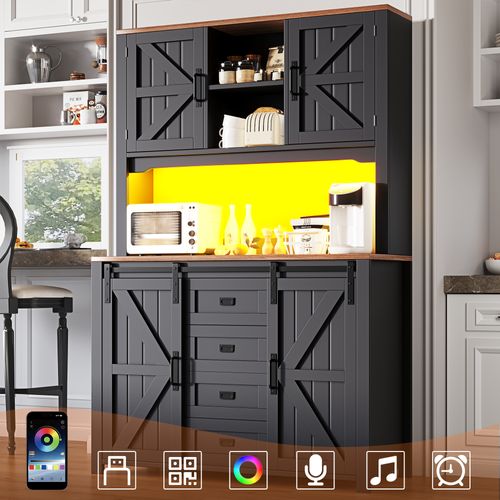 Buffet De Cuisine Haut Avec LED Et Portes Coulissantes, Noir Élégant 115×40×174,7 Cm