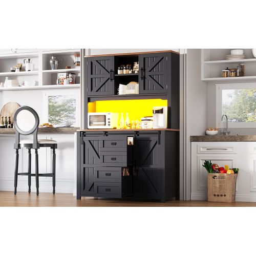 Buffet De Cuisine Haut Avec LED Et Portes Coulissantes, Noir Élégant 115×40×174,7 Cm