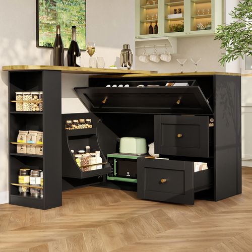 Bar Extensible Noir Avec Rangement Et Plateau Rotatif 138-204×39×105 Cm