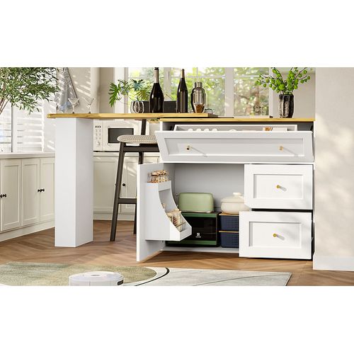 Bar Extensible Blanc Avec Rangement Et Plateau Rotatif 138-204×39×105 Cm