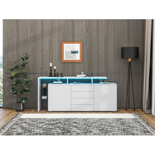 Buffet Blanc Brillant Avec LED, Rangement Modulable Et Meuble TV 160×35×70 Cm