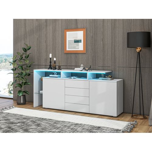 Buffet Blanc Brillant Avec LED, Rangement Modulable Et Meuble TV 160×35×70 Cm