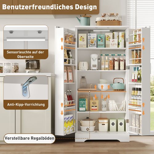 Buffet De Cuisine Multifonction 60×35×128 cm Blanc Avec LED Et Étagères Réglables