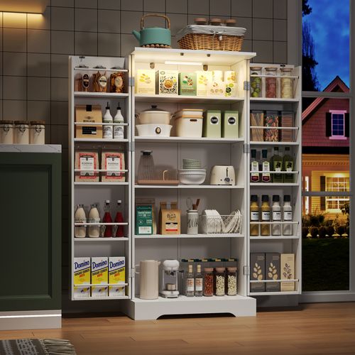 Buffet De Cuisine Multifonction Blanc 60×35×128cm Avec LED Et Étagères Ajustables