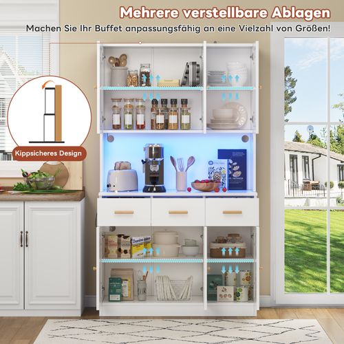 Buffet Haut Blanc 182cm Avec LED, Prises Intégrées Et Rangements Modulables