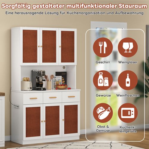 Buffet Haut Blanc 182cm Avec LED, Prises Intégrées Et Rangements Modulables