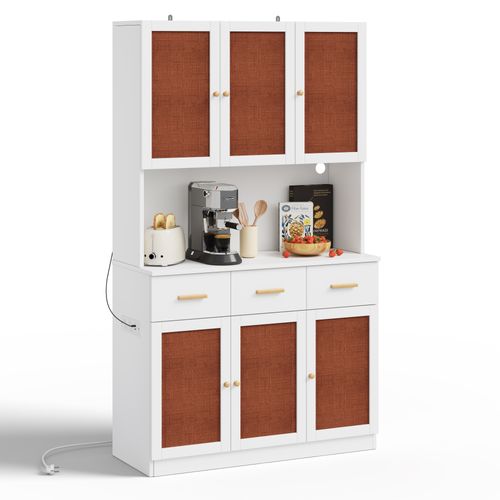 Buffet Haut Blanc 182cm Avec LED, Prises Intégrées Et Rangements Modulables