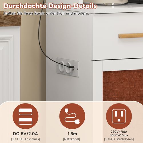 Buffet Haut Blanc 182cm Avec LED, Prises Intégrées Et Rangements Modulables