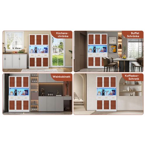 Buffet Haut Blanc 182cm Avec LED, Prises Intégrées Et Rangements Modulables