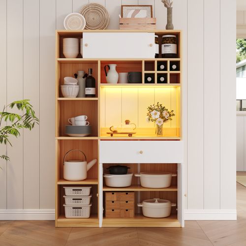 Buffet De Cuisine Blanc Et Bois 180 Cm Avec LED, Tiroir, 3 Portes Et Espace Micro-ondes