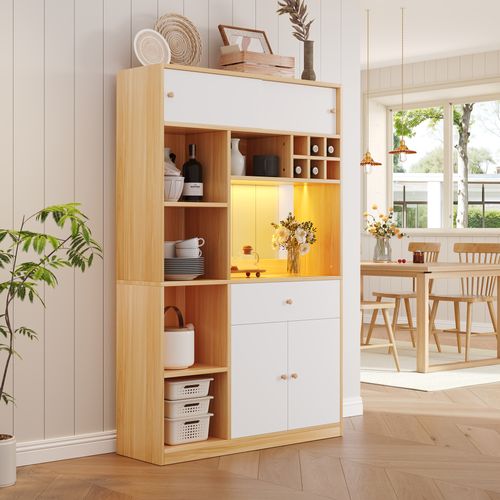 Buffet De Cuisine Blanc Et Bois 180 Cm Avec LED, Tiroir, 3 Portes Et Espace Micro-ondes