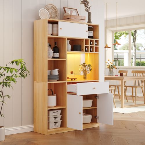 Buffet De Cuisine Blanc Et Bois 180 Cm Avec LED, Tiroir, 3 Portes Et Espace Micro-ondes