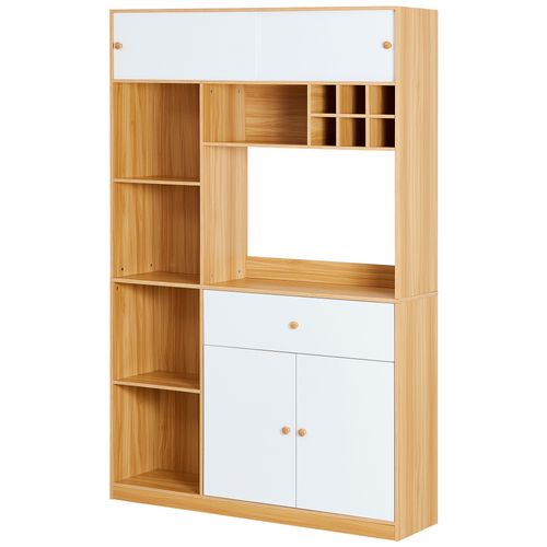 Buffet De Cuisine Blanc Et Bois 180 Cm Avec LED, Tiroir, 3 Portes Et Espace Micro-ondes