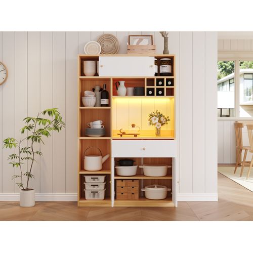 Buffet De Cuisine Blanc Et Bois 180 Cm Avec LED, Tiroir, 3 Portes Et Espace Micro-ondes