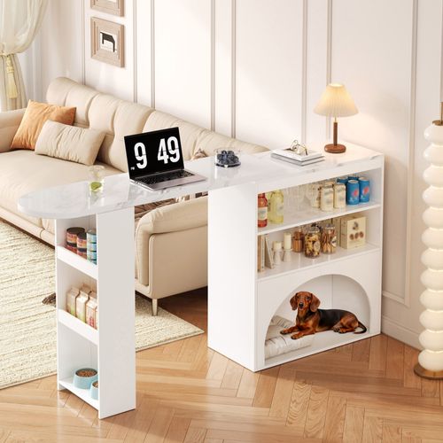 Table Bar Extensible Moderne Avec Espace Animal, Plateau Effet Marbre, 120–180 Cm