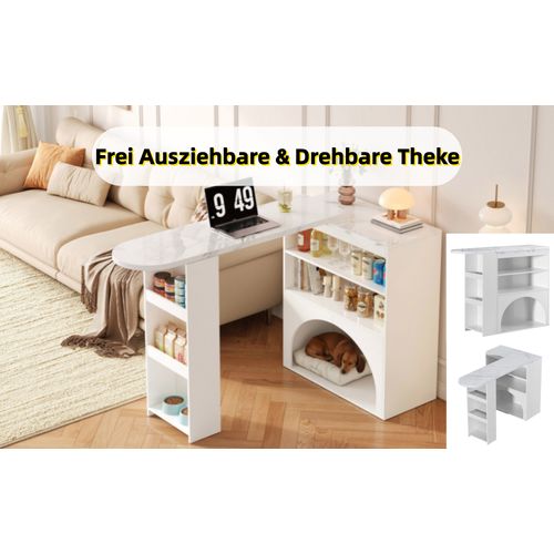 Table Bar Extensible Moderne Avec Espace Animal, Plateau Effet Marbre, 120–180 Cm