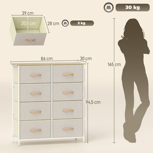 Commode De Chambre Beige à 8 Tiroirs En Tissu Avec Structure Métal Et Rangement Latéral