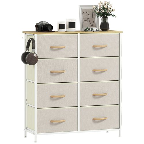 Commode De Chambre Beige à 8 Tiroirs En Tissu Avec Structure Métal Et Rangement Latéral
