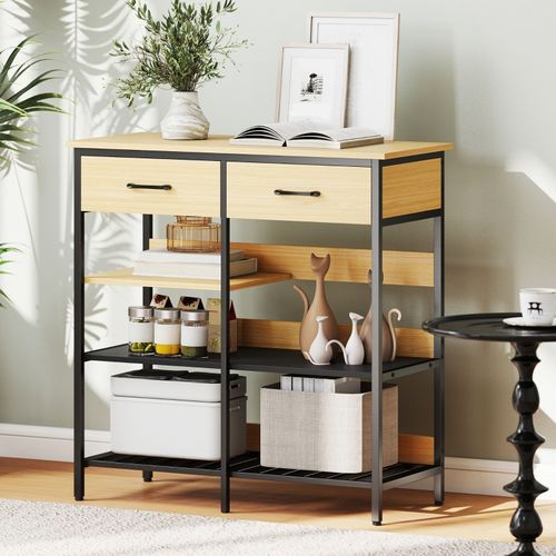 Etagère Industriel Avec 2 Tiroirs Et 3 Étagères Ouvertes, Finition Bois Naturel