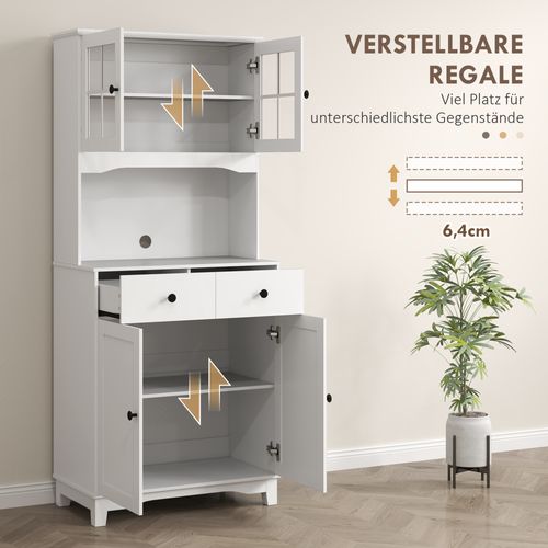 Buffet De Cuisine Blanc Avec Portes Vitrées, 2 Tiroirs Et Étagères