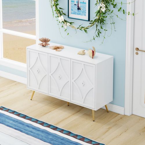 Buffet Blanc 3 Portes 3d Avec Pieds Métalliques Dorés 120×40×80 Cm