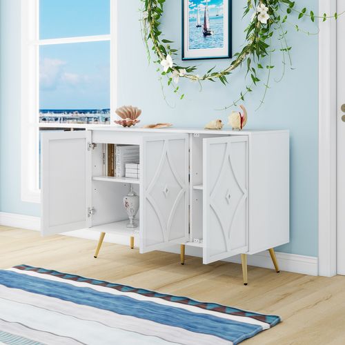 Buffet Blanc 3 Portes 3d Avec Pieds Métalliques Dorés 120×40×80 Cm